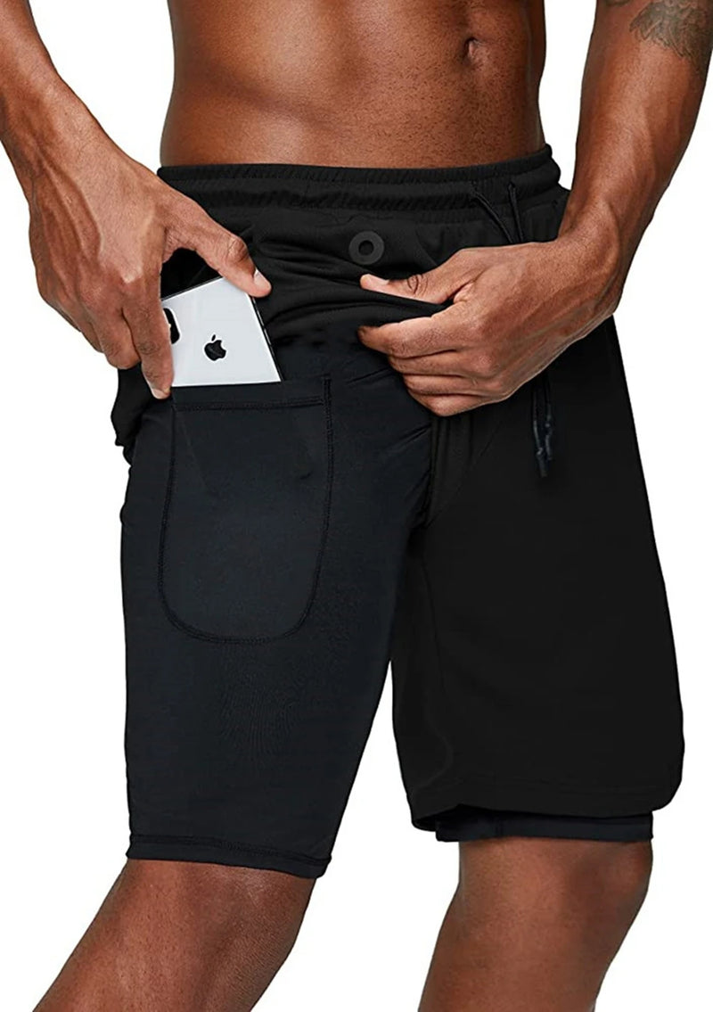 Calções de corrida para homens 2 em 1 duplo-deck  secagem rápida fitness