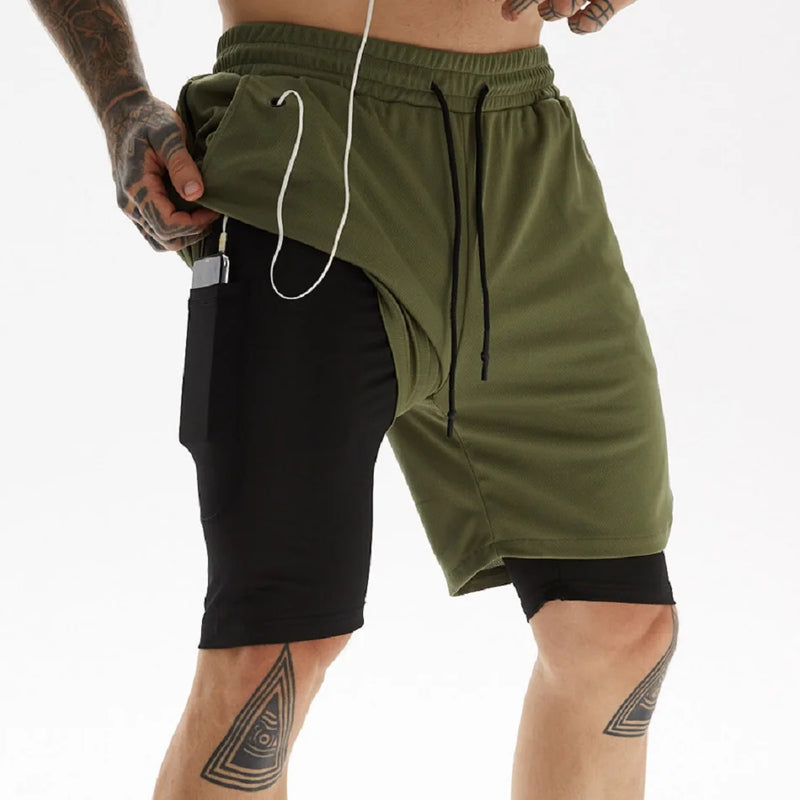Calções de corrida para homens 2 em 1 duplo-deck  secagem rápida fitness