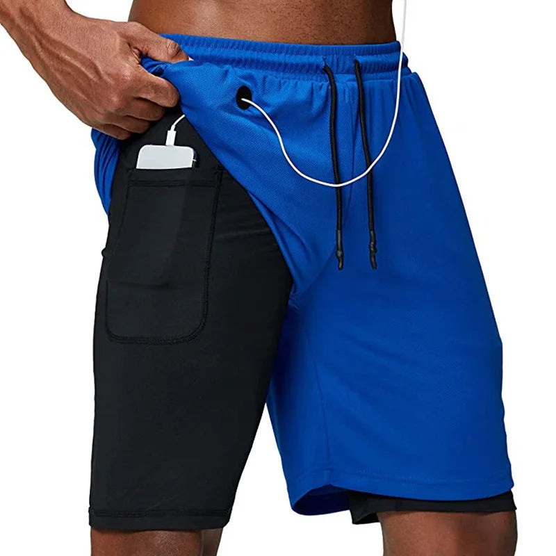 Calções de corrida para homens 2 em 1 duplo-deck  secagem rápida fitness