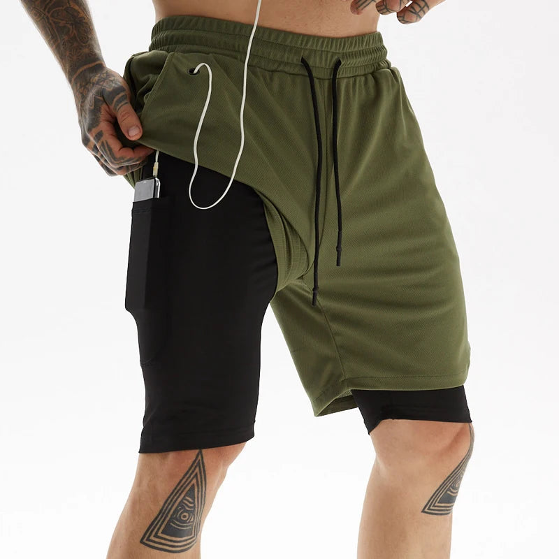 Calções de corrida para homens 2 em 1 duplo-deck  secagem rápida fitness
