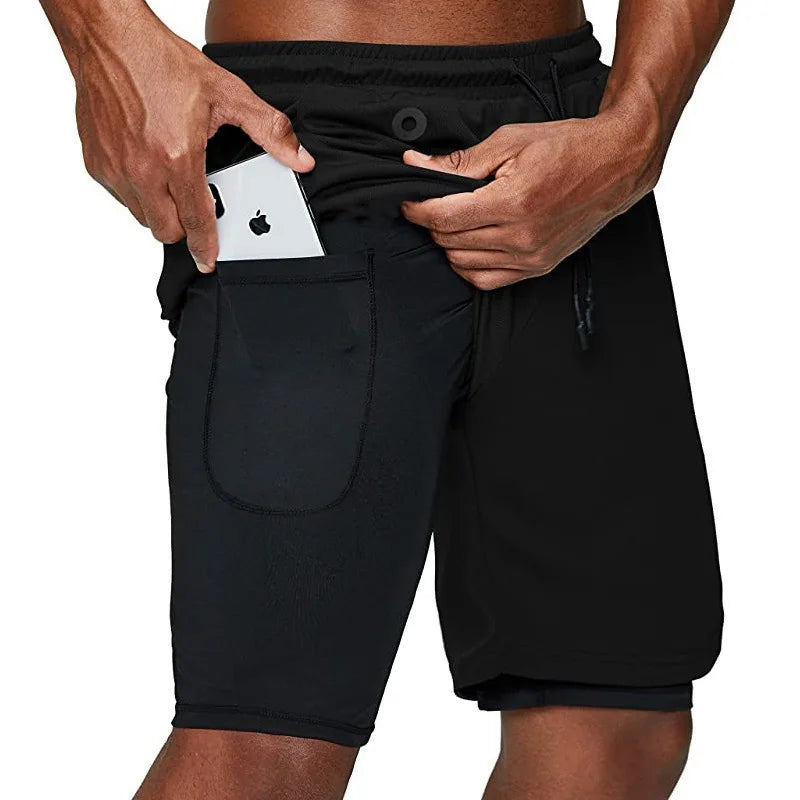 Calções de corrida para homens 2 em 1 duplo-deck  secagem rápida fitness