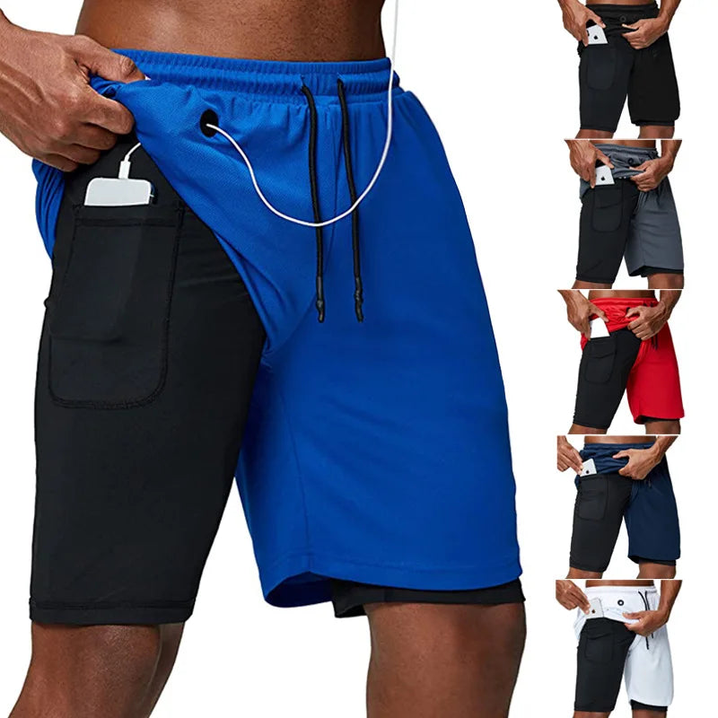Calções de corrida para homens 2 em 1 duplo-deck  secagem rápida fitness