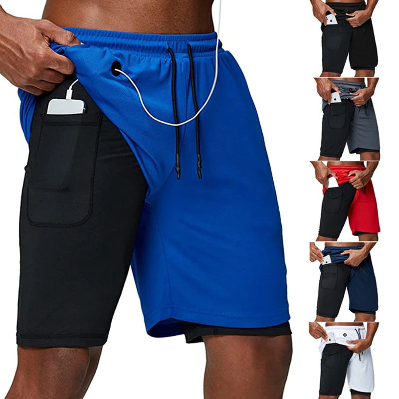 Calções de corrida para homens 2 em 1 duplo-deck  secagem rápida fitness