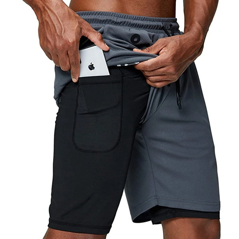 Calções de corrida para homens 2 em 1 duplo-deck  secagem rápida fitness