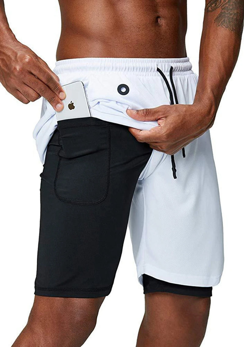Calções de corrida para homens 2 em 1 duplo-deck  secagem rápida fitness