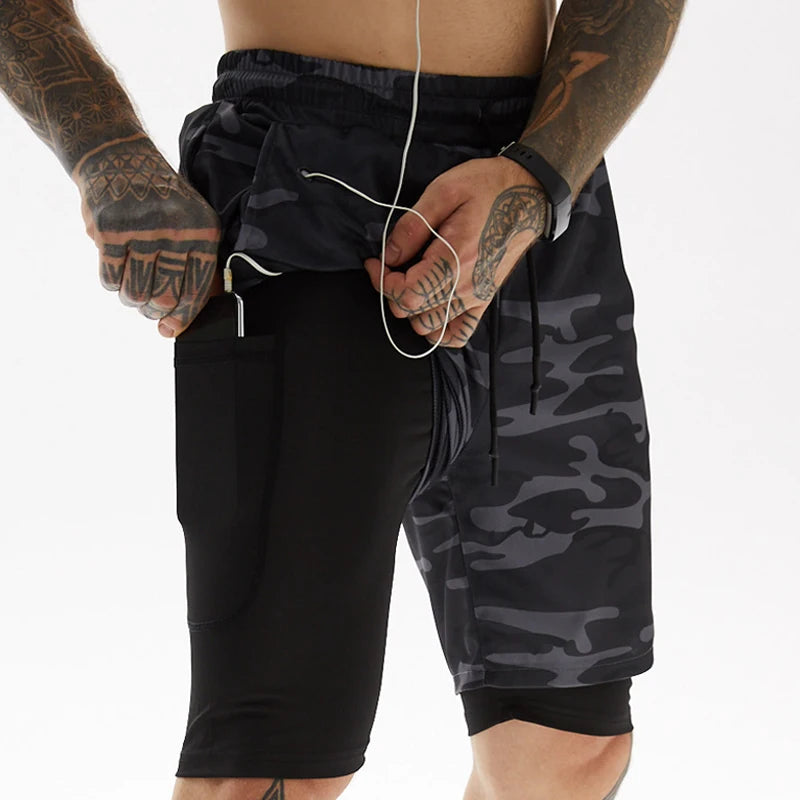 Calções de corrida para homens 2 em 1 duplo-deck  secagem rápida fitness